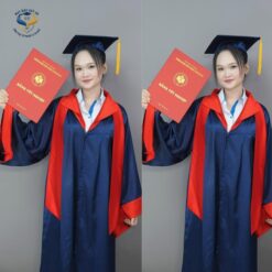 Ao tot nghiep cu nhan mau xanh den phoi khan choang do