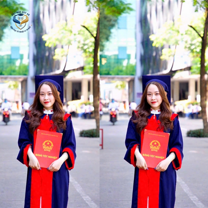 Ao tot nghiep cu nhan mau xanh tim than phoi do